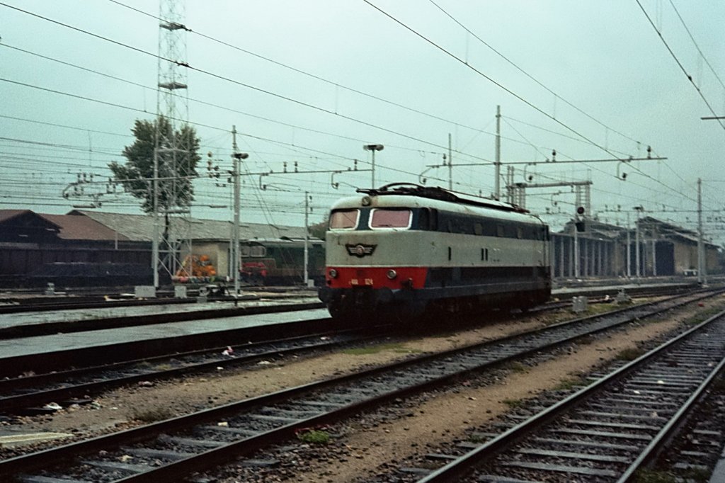 FS E444-024 -damals noch mit dem originalem Lokkasten der Reihe E444 Taratuga .
Im Hintergrund eine FS D345 in der Urspungslackierung.

Domodossola (im strmenden Regen)
26.09.1981