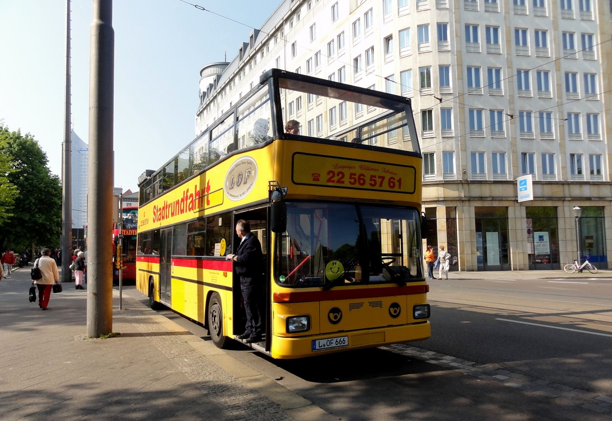 MAN STOCKBUS f�r Stadtrundfahrten Ende April 2014 in Leipzig beim Hauptbahnhof gesehen.