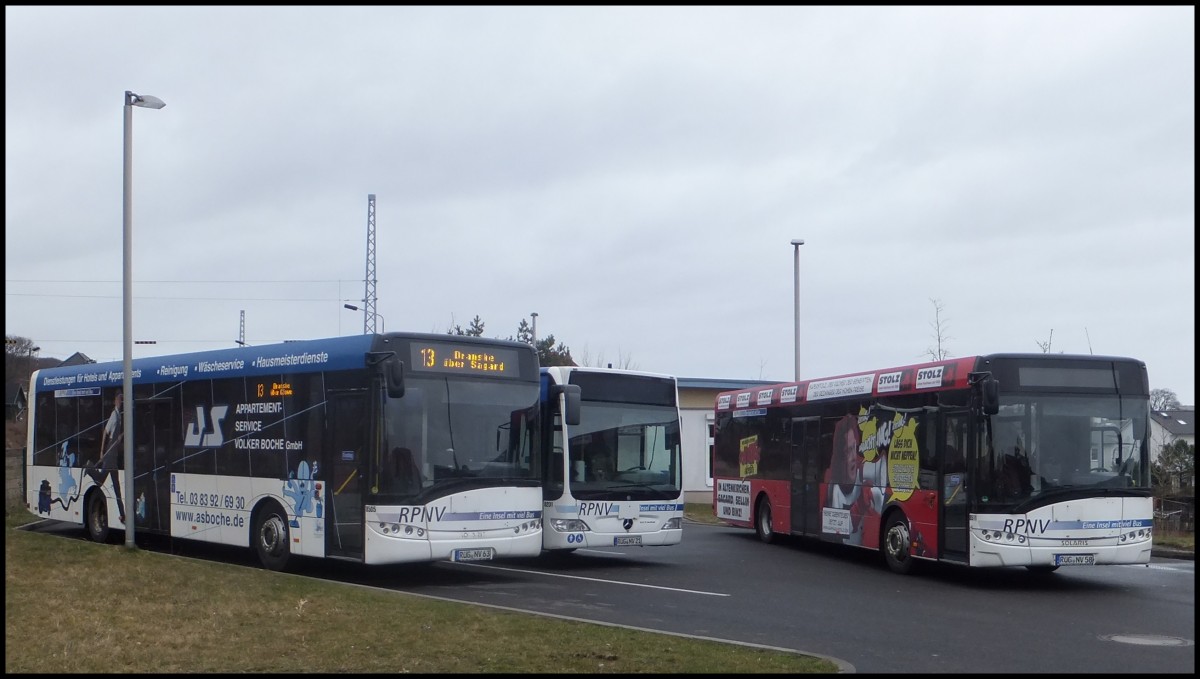 Solaris Urbino 12 und Mercedes Citaro II und Solaris Urbino 12 der RPNV in Sassnitz.