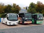 Mercedes Sundancer von BoyTours aus Deutschland und Van Hool TX16 von Dalstra Reizen aus den Niederlanden und Setra 415 H von Gorzelniaski aus Deutschland im Stadthafen Sassnitz.