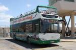King Long Sightseeing Bus der gr�nen Linie im F�hrhafen Mgarr der Insel Gozo am  15.5.2014 in Malta.